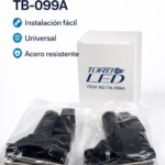 Dos pares de bases para faros exploradores modelo TB-099A, en acero resistente, con sujeción dentada y tornillos metálicos, presentados en bolsas transparentes junto a su caja blanca.