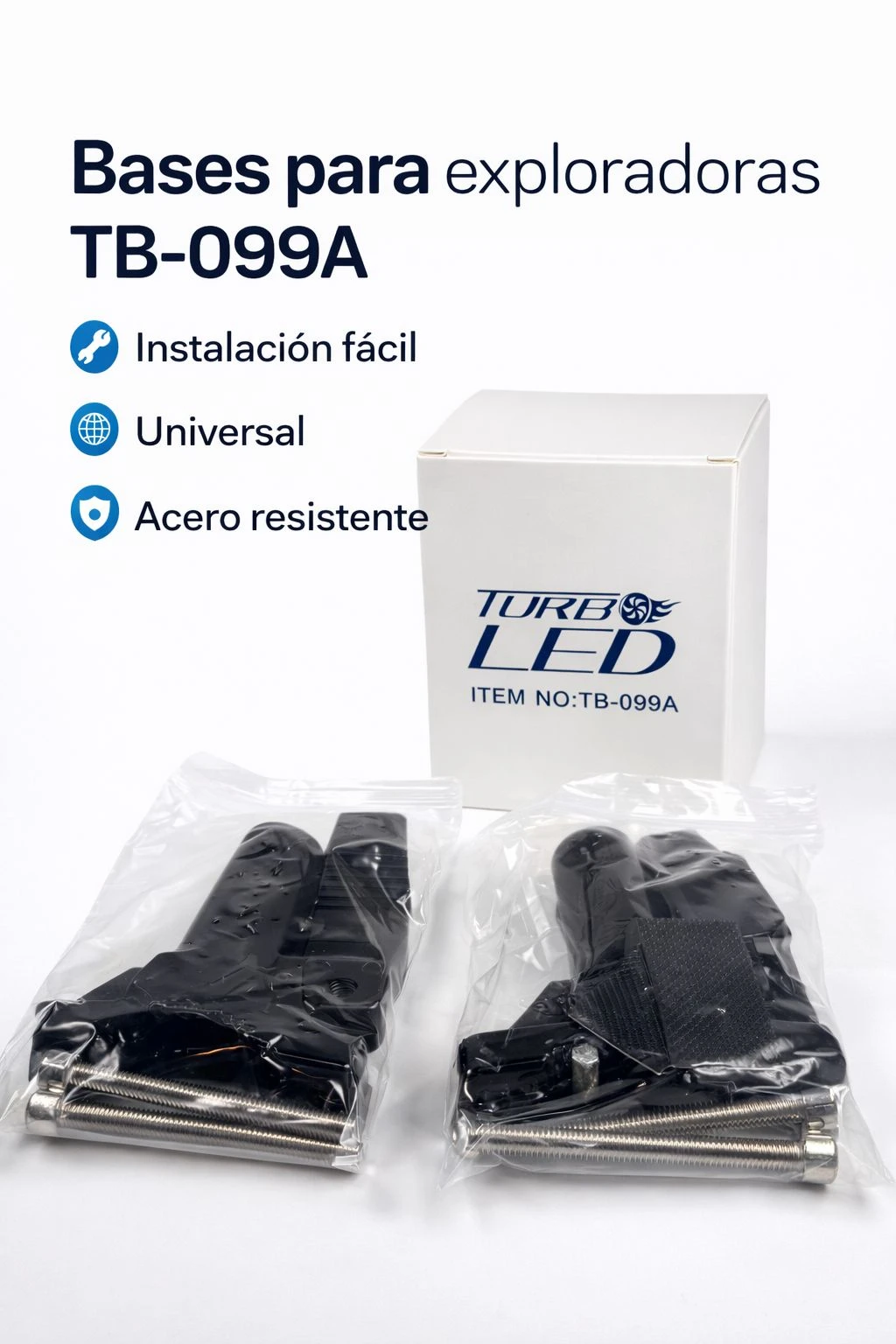 Dos pares de bases para faros exploradores modelo TB-099A, en acero resistente, con sujeción dentada y tornillos metálicos, presentados en bolsas transparentes junto a su caja blanca.