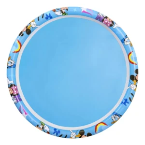 Piscina inflable redonda de 122 cm con diseño de Mickey Mouse y personajes de Disney en borde azul claro, ideal para niños.