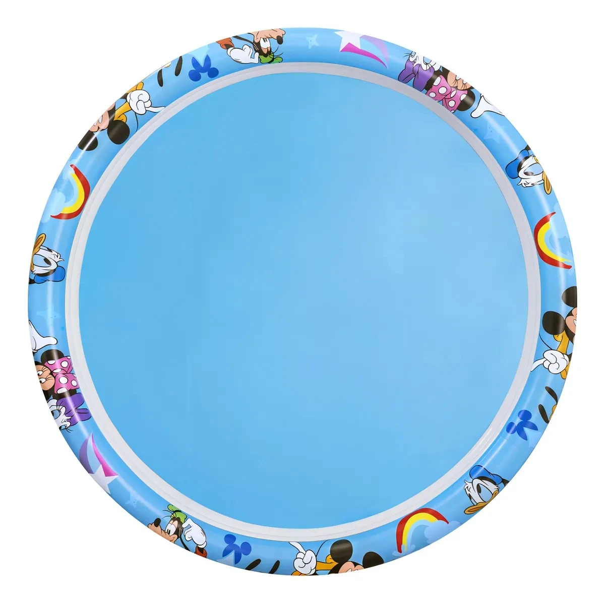 Piscina inflable redonda de 122 cm con diseño de Mickey Mouse y personajes de Disney en borde azul claro, ideal para niños.