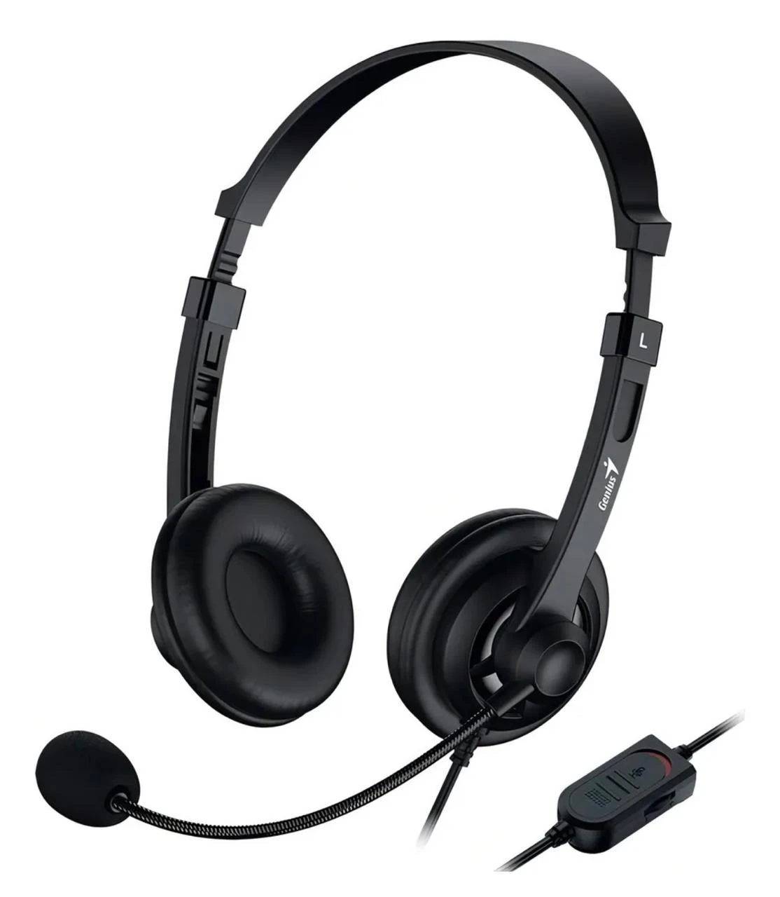 Diadema de audio negra con micrófono flexible, auriculares acolchados y cable con control de volumen, ideal para call center y gaming.