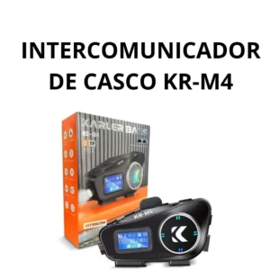 Intercomunicador KR-M4 en color negro, con pantalla LCD frontal y caja de presentación naranja y gris al fondo.