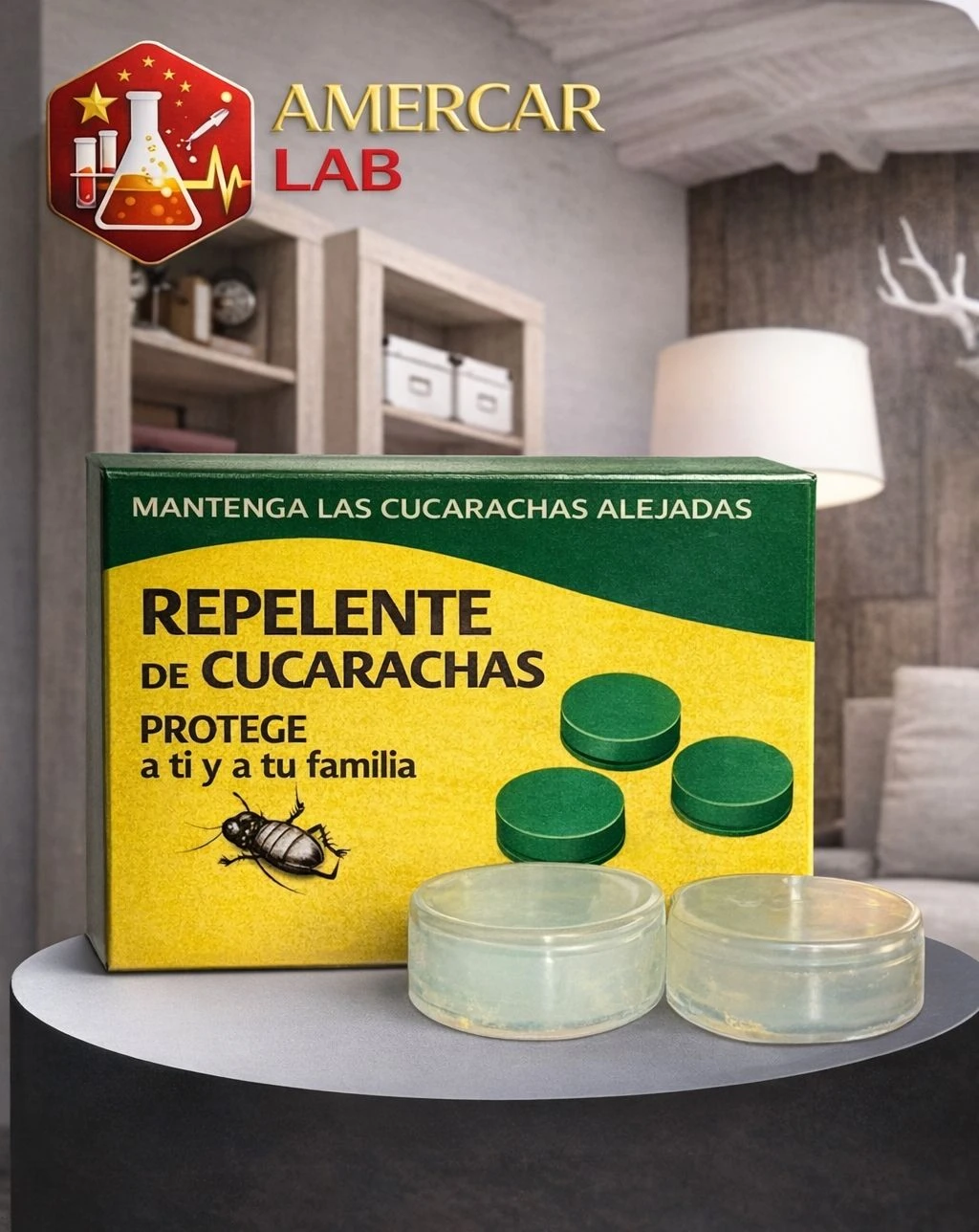 Caja de repelente de cucarachas con tres pastillas verdes y dos recipientes transparentes, sobre superficie redonda. Incluye protección para hogar y familia.