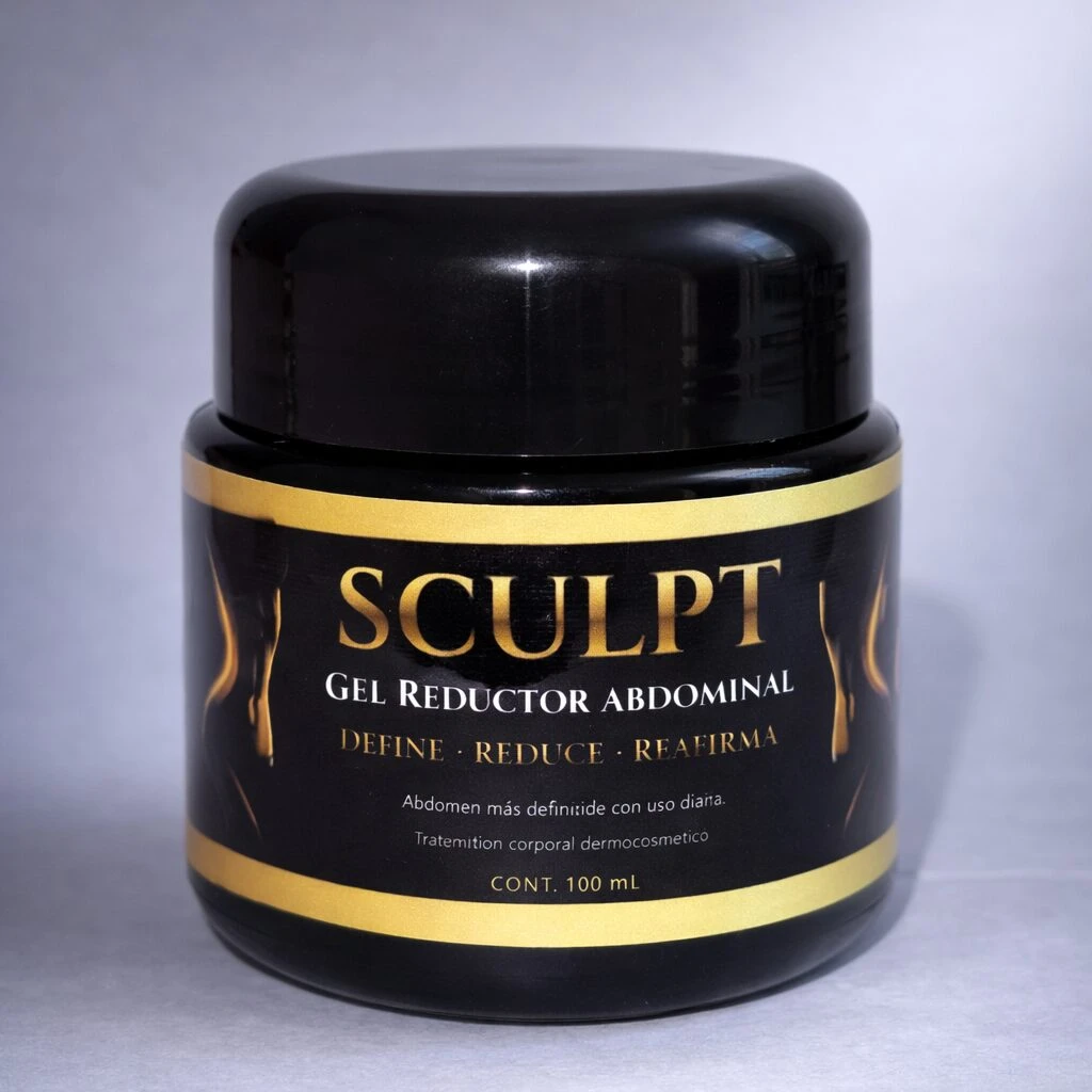 Jarrón negro con tapa brillante, etiqueta dorada que dice Sculpt Gel Reductor Abdominal, define reduce reafirma, abdomen más definido con uso diario, tratamiento corporal dermocosmético, cont 100 ml.