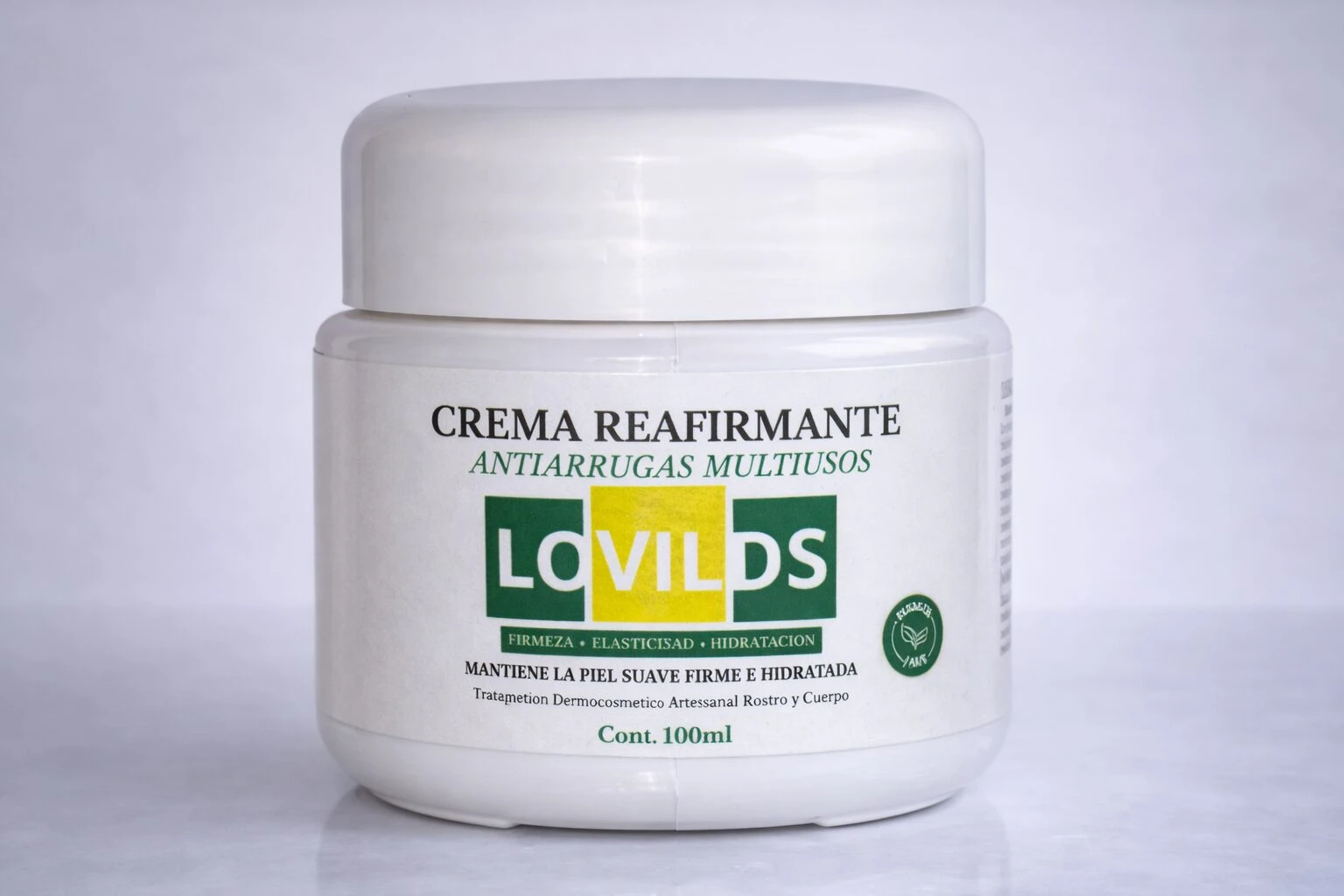Crema reafirmante antiarrugas Lovilds en envase blanco de 100 ml con tapa redonda y etiqueta frontal que muestra nombre, función y volumen.