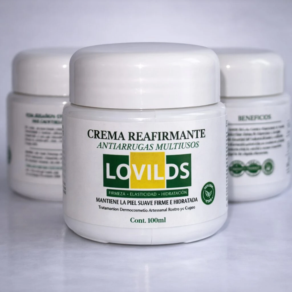 Crema reafirmante antiarrugas Lovilds, presentación de 100 ml, con tapa blanca y etiqueta verde y amarilla, mostrando tres unidades en primer plano sobre superficie clara.