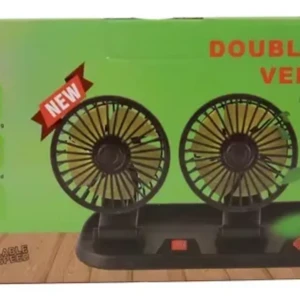 Ventilador de coche triple cabeza negro sobre base con interruptor rojo, caja verde con iconos de funciones y etiqueta New.