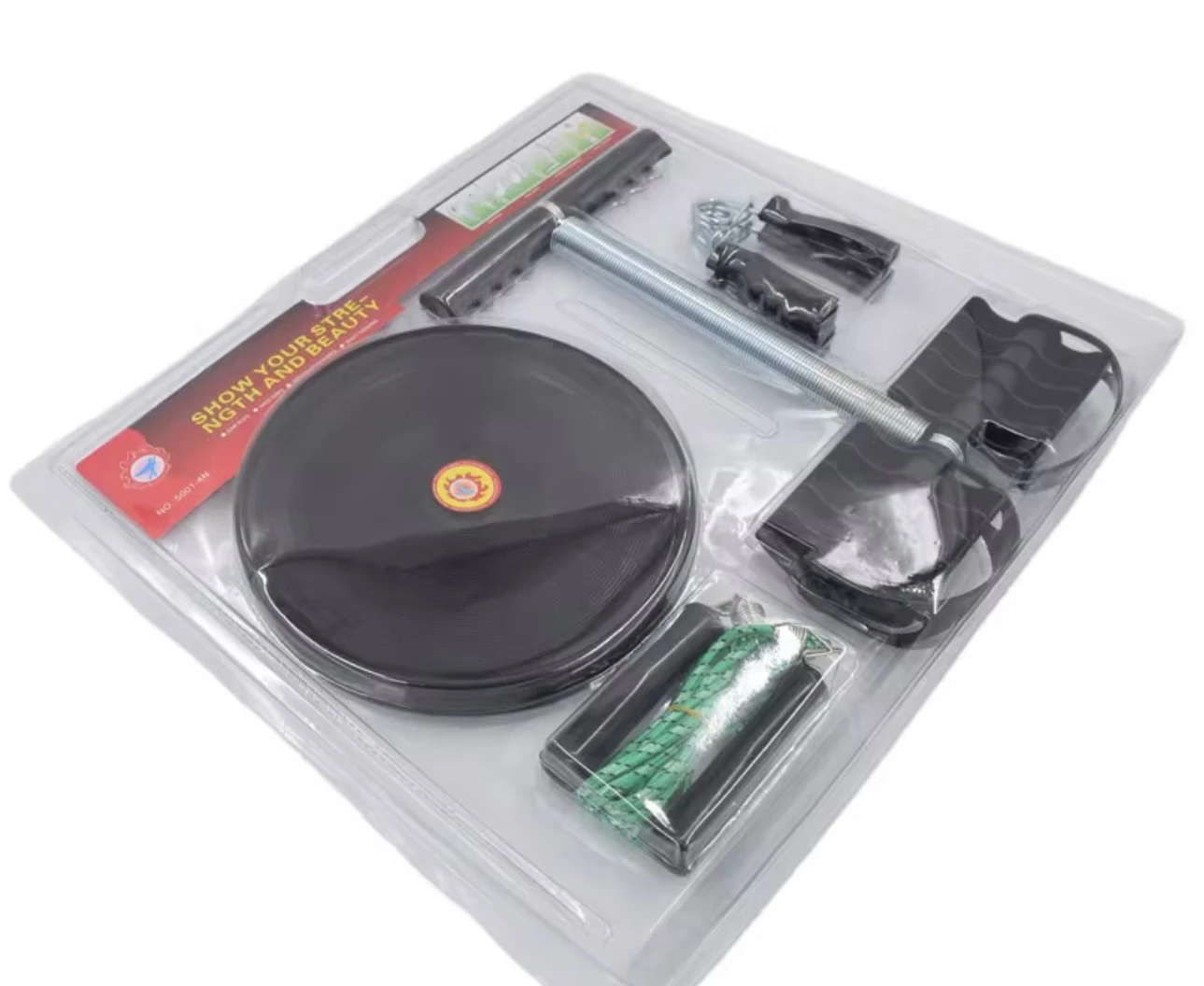 Kit de accesorios de gimnasia Finets en blister transparente, incluye disco negro con logotipo, barra metálica, mancuernas ajustables, soporte de rodilla y cinta verde, todo dispuesto sobre fondo blanco.