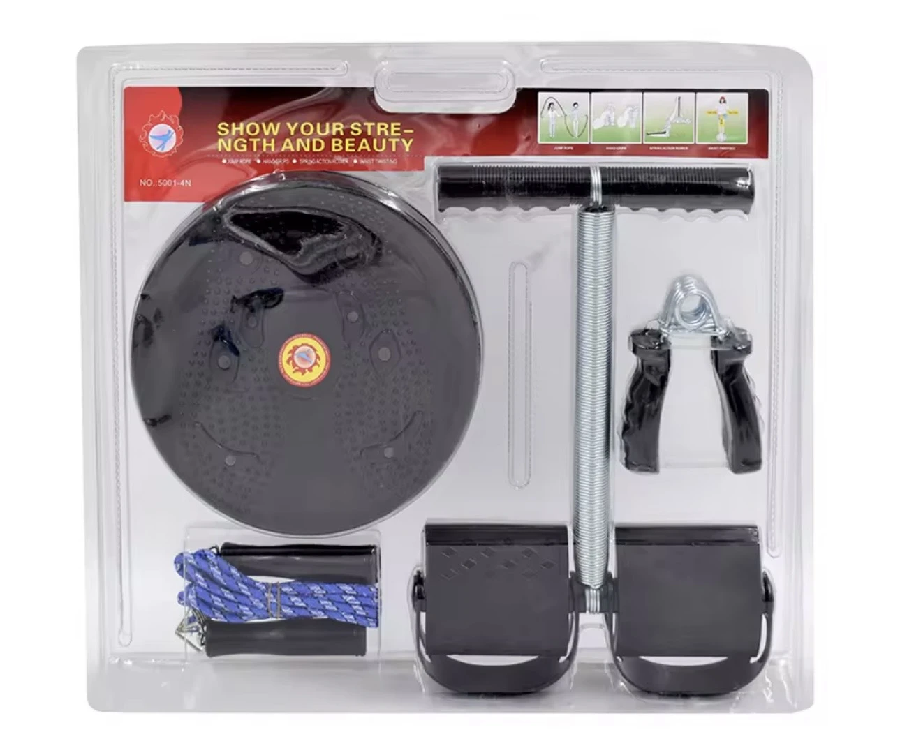 Pack de cuatro accesorios de gimnasia Finets en blister transparente: disco negro con centro amarillo, barra con manillar, pinza metálica y dos soportes negros, junto a cuerda azul enrollada.