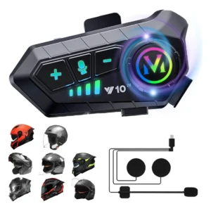 Intercomunicador Y10 negro con botones iluminados en azul, diafragma de grafeno y auriculares incluidos.