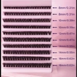 Pestañas en clusters de 40D en estuche rosa, con pestañas de 8 a 16 mm, ideales para volumen y duración de 72 horas.