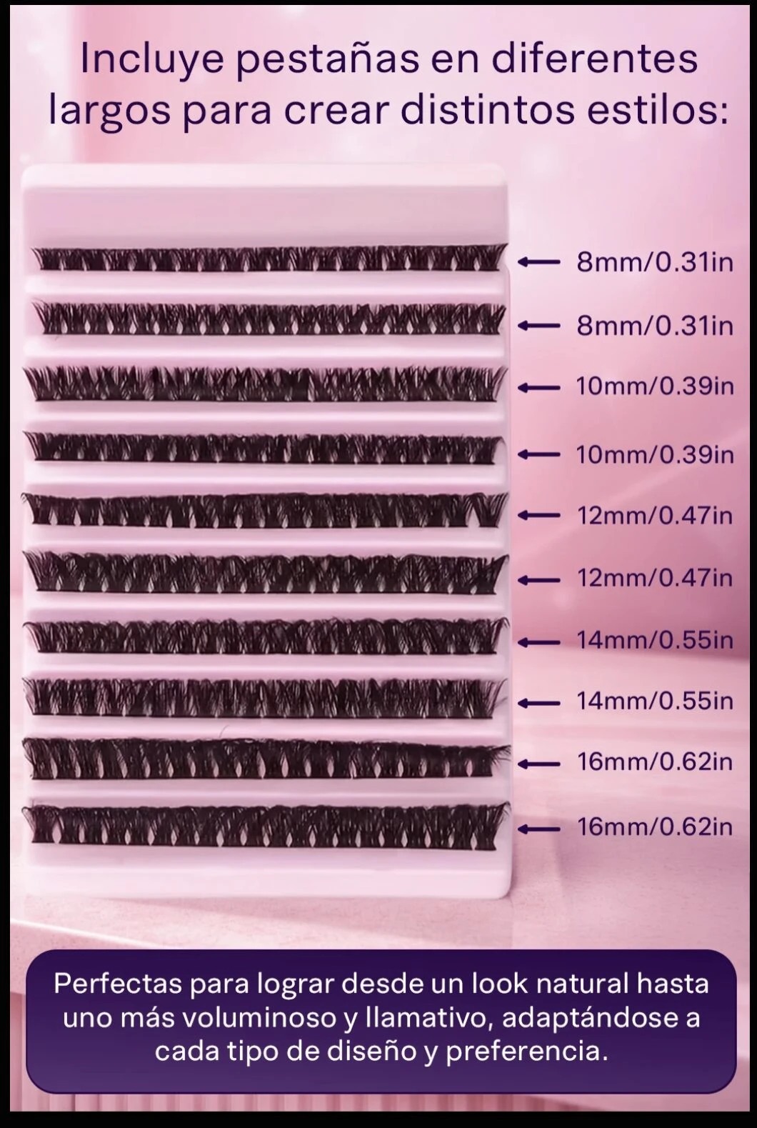Pestañas en clusters de 40D en estuche rosa, con pestañas de 8 a 16 mm, ideales para volumen y duración de 72 horas.