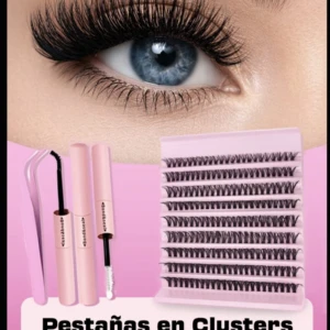 Ojo con pestañas en clusters 40D, 200 unidades, aplicadas con efecto dramático y duradero. Incluye cepillo y tubo de adhesivo.
