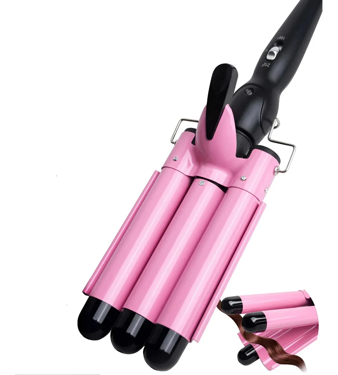 Pinza de ondas de sirena en color rosa con cerámica, mostrando tres cilindros y mango negro con interruptor. Incluye variante con cabello rizado.