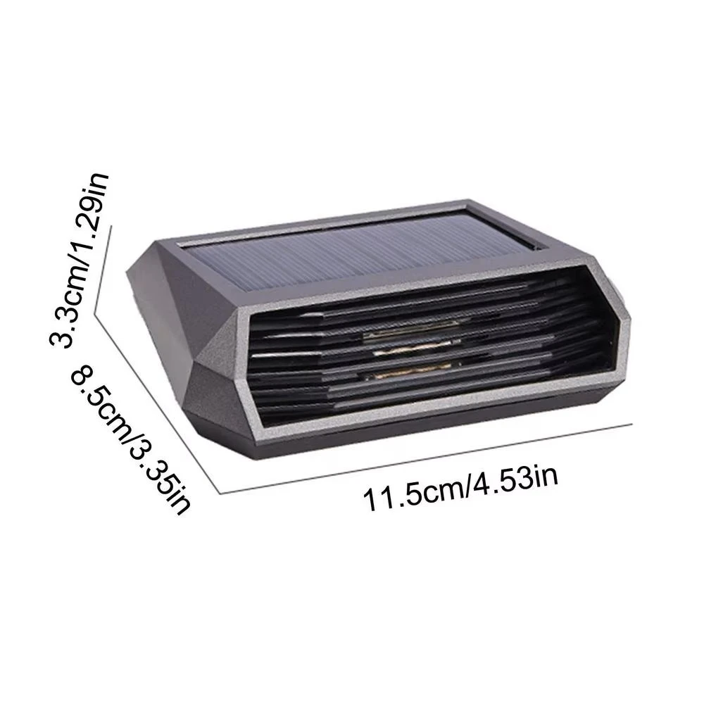 Purificador de aire solar portátil en color gris oscuro, con panel fotovoltaico superior y rejilla frontal visible, mostrando dimensiones de 11.5 cm x 8.5 cm x 3.3 cm.