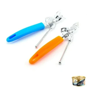 Dos abre latas de acero inoxidable con mango de plástico, uno azul y otro naranja, sobre fondo blanco. Incluye lata de atún como referencia de uso.