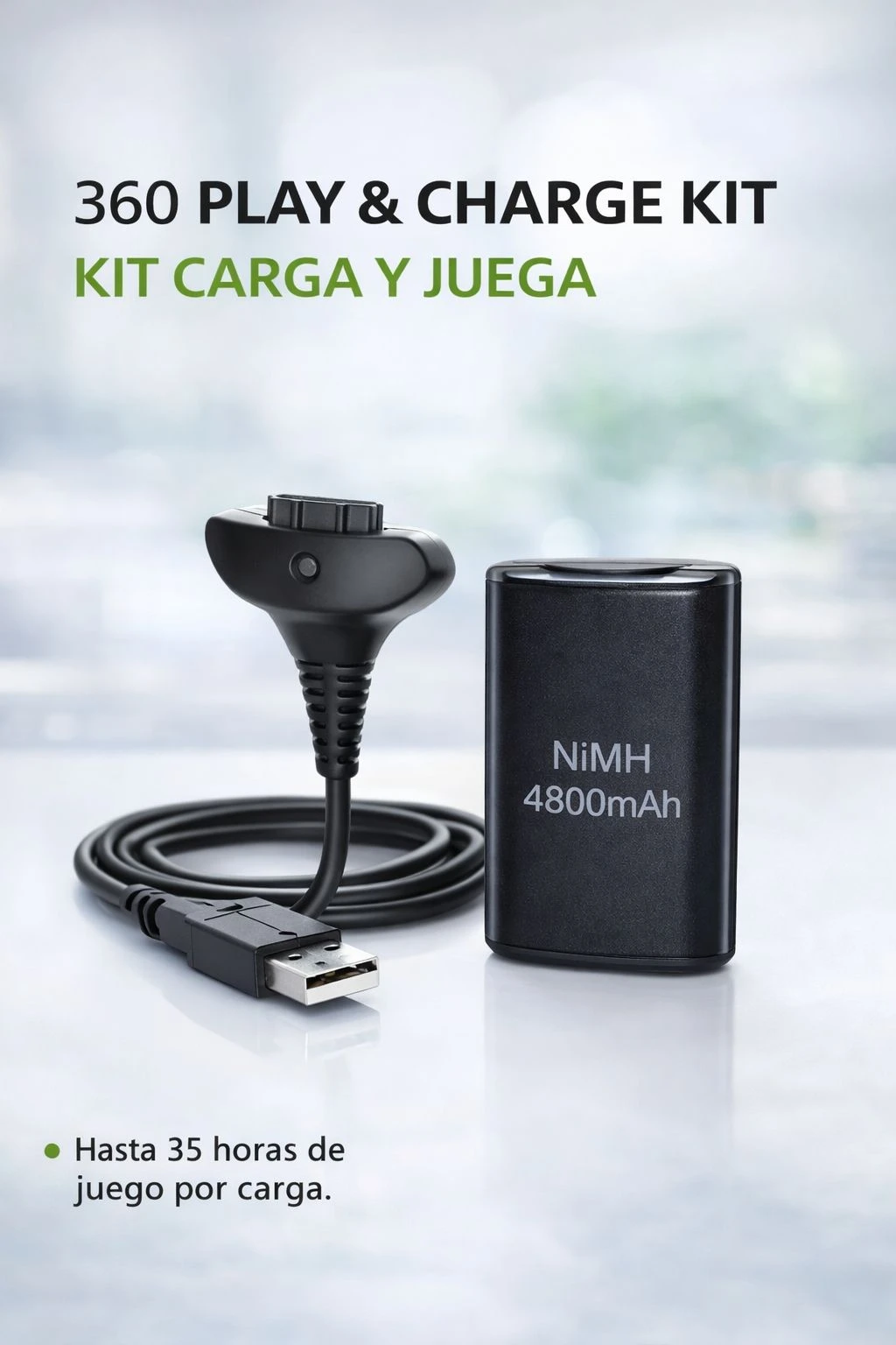 Kit Carga y Juega para Control Xbox 360, con cable USB negro de 2.7m y batería recargable NiMH de 4800mAh.