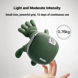 Masajeador eléctrico verde con forma ergonómica, textura de malla y detalles en blanco; incluye peso visible de 0.76 kg.