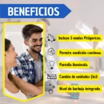 Medidor láser digital con pantalla iluminada, nivel de burbuja integrado y modo Pitágorico, mostrando interfaz gráfica con iconos de funciones y parámetros técnicos.