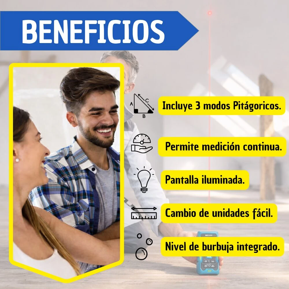 Medidor láser digital con pantalla iluminada, nivel de burbuja integrado y modo Pitágorico, mostrando interfaz gráfica con iconos de funciones y parámetros técnicos.