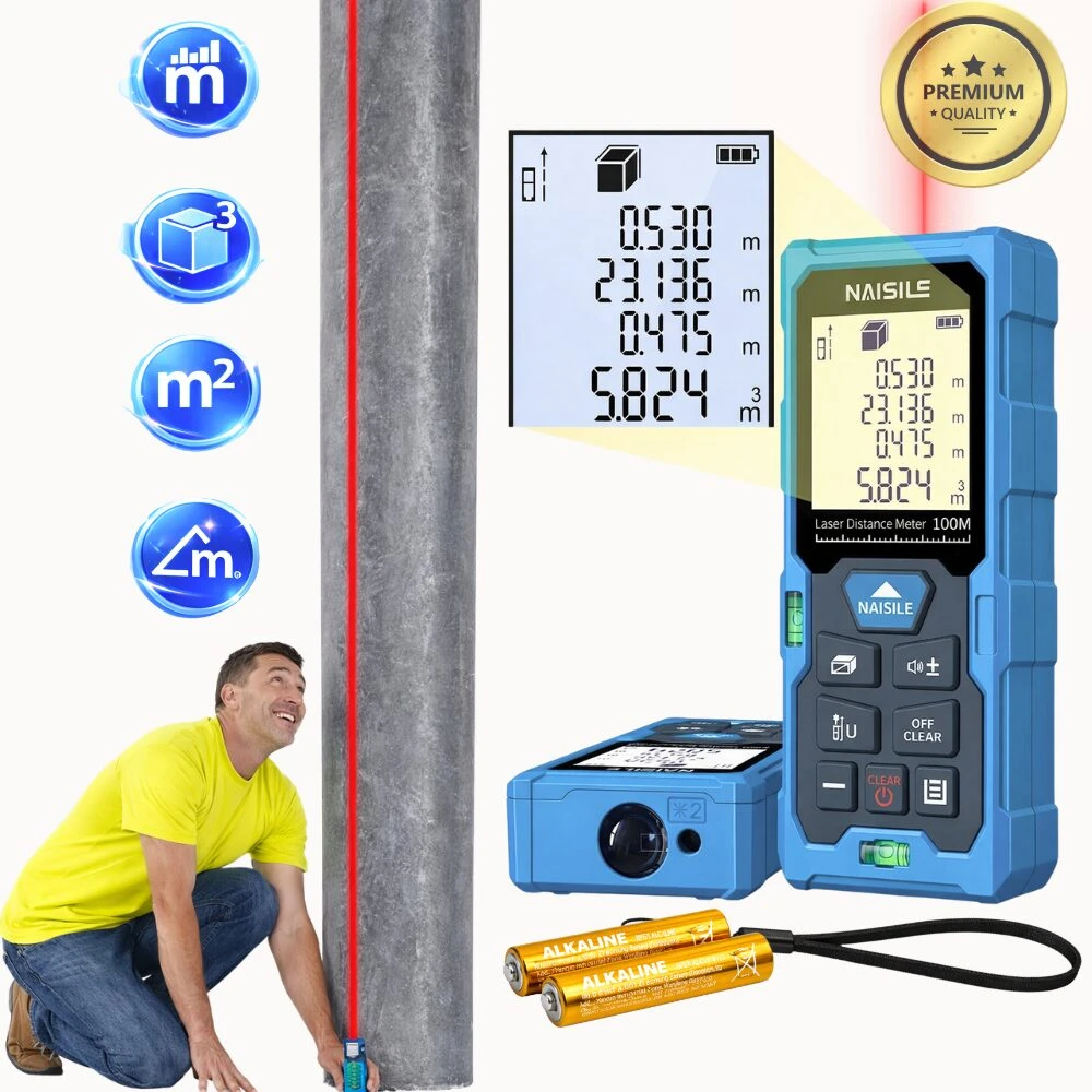Medidor láser digital azul con pantalla LCD, mostrando mediciones de distancia, área y volumen. Incluye pilas alcalinas y emisor láser rojo.