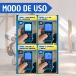 Instrucciones de uso del medidor láser digital en modo de operación, mostrando pantalla azul y botones en manos.