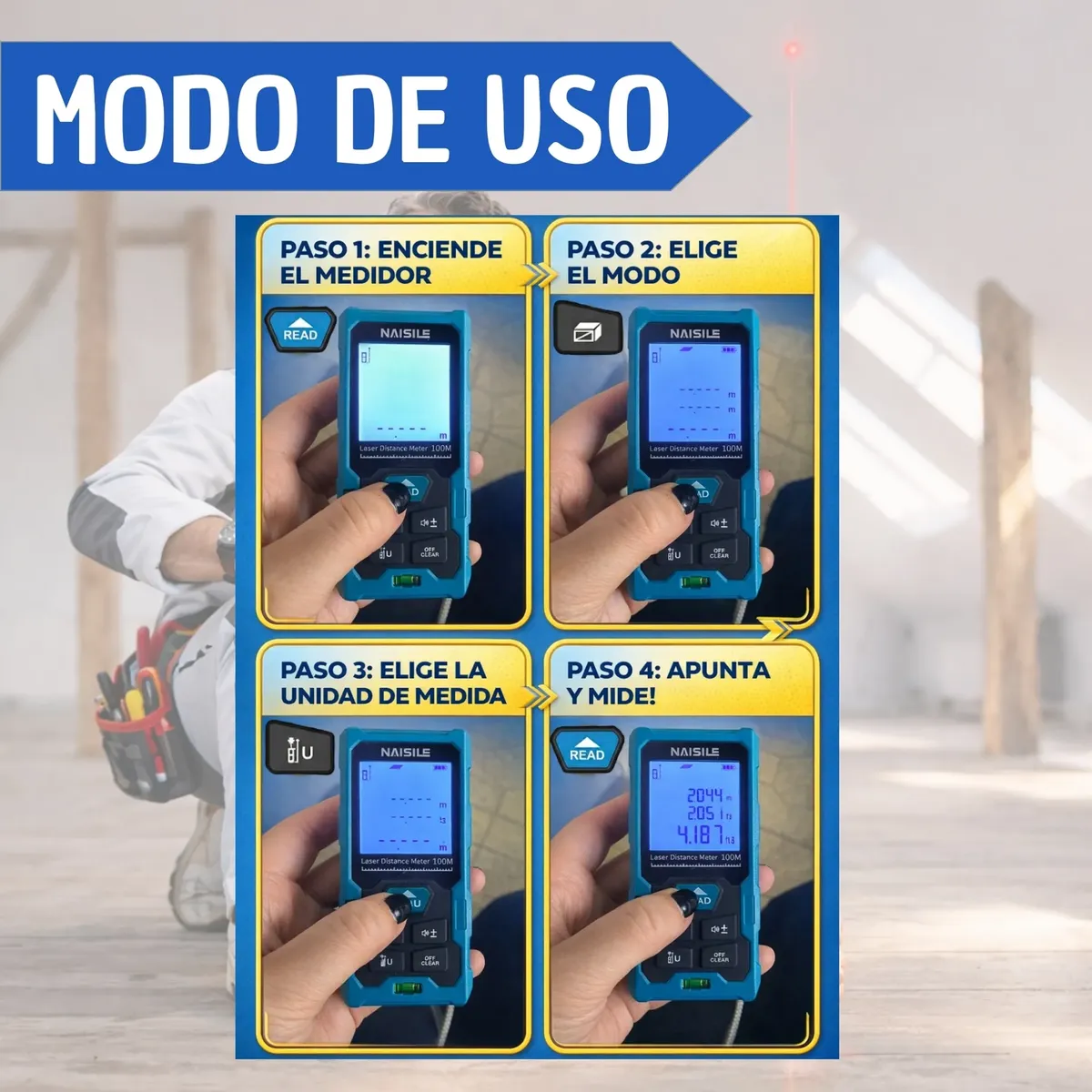 Instrucciones de uso del medidor láser digital en modo de operación, mostrando pantalla azul y botones en manos.