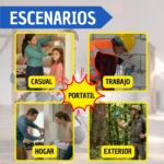 Cuatro escenas muestran uso del medidor láser digital en contextos casuales, laborales, domésticos y exteriores, con etiquetas en español indicando cada situación.