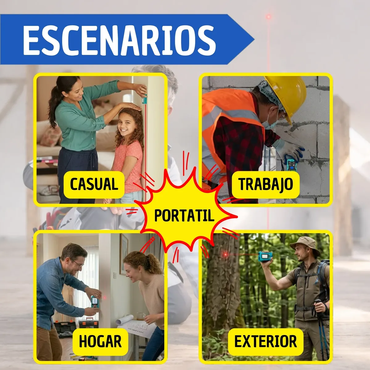 Cuatro escenas muestran uso del medidor láser digital en contextos casuales, laborales, domésticos y exteriores, con etiquetas en español indicando cada situación.