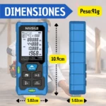 Medidor láser digital Naisile en azul, con pantalla LCD y botones frontales. Muestra dimensiones: 10.9 cm de alto, 5.02 cm de ancho y peso de 91 g. Ideal para medir distancias, áreas y volúmenes.