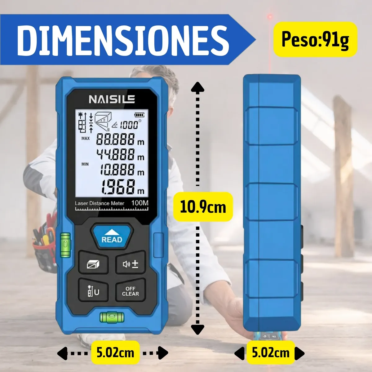Medidor láser digital Naisile en azul, con pantalla LCD y botones frontales. Muestra dimensiones: 10.9 cm de alto, 5.02 cm de ancho y peso de 91 g. Ideal para medir distancias, áreas y volúmenes.