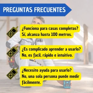 Medidor láser digital en uso por hombre de pie en obra, con pantalla azul y botones negros; fondo de construcción con vigas y suelo de madera.