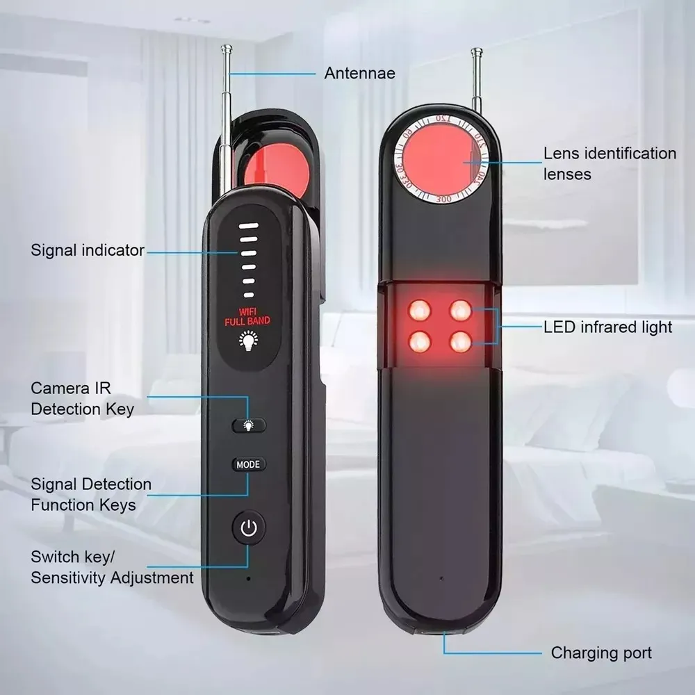 Detector de cámaras ocultas multifunción en negro, con antenas, luces LED infrarrojas y teclas de control para detección de señal y ajuste de sensibilidad.