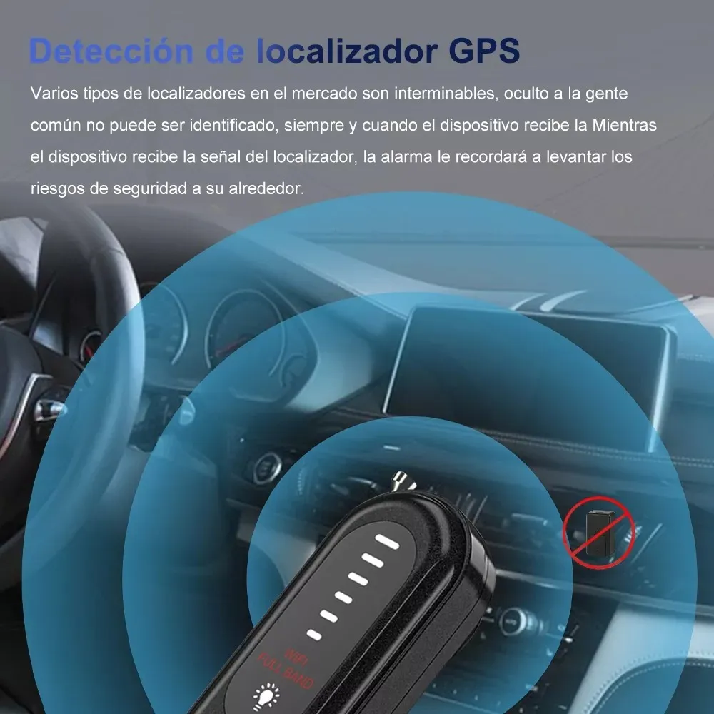 Detector GPS negro con antena visible, mostrando señal de localización en interfaz digital dentro de vehículo.
