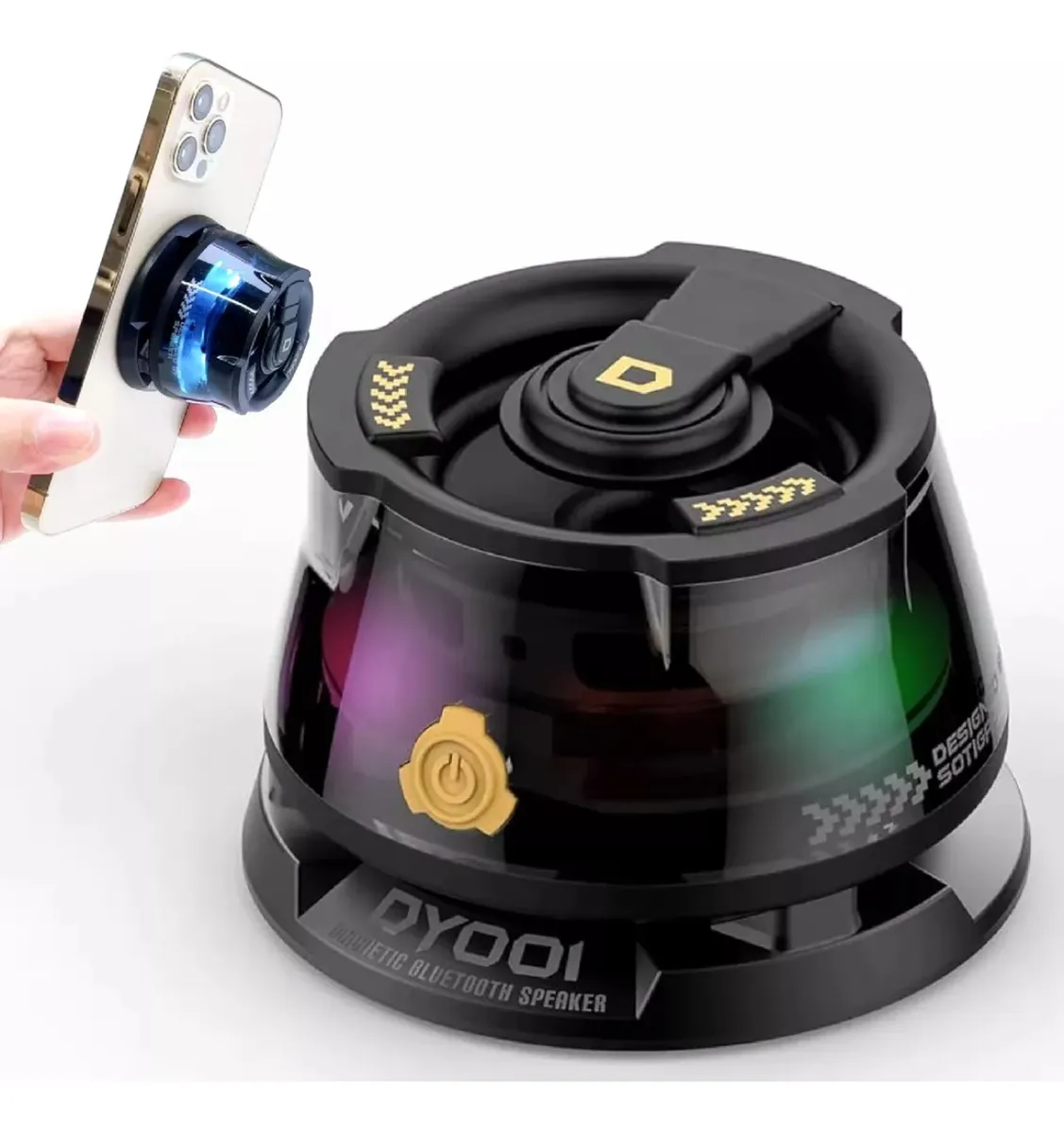 Parlante magnético Dy 200 negro con luces LED multicolor y base giratoria, mostrando su diseño compacto y funcionalidad para carga inalámbrica.