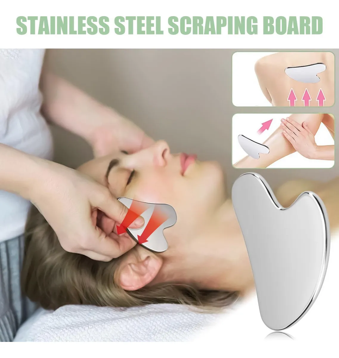 Gua sha de acero quirúrgico plateado, con forma ergonómica y bordes redondeados, en uso sobre rostro y cuello, acompañado de ilustraciones de aplicación y producto aislado.