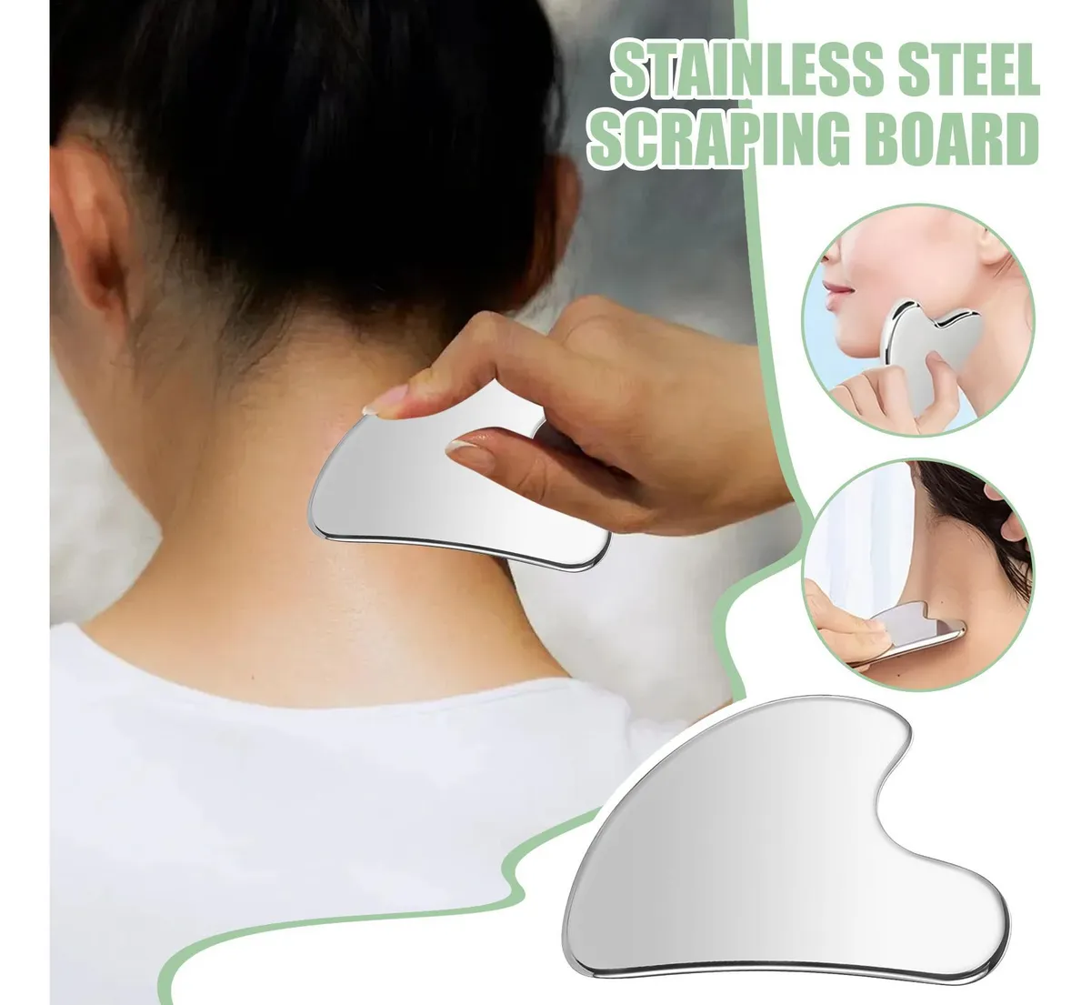 Gua sha de acero quirúrgico plateado, con forma ergonómica y bordes redondeados, usado en el cuello y rostro para masaje facial y definición de contornos.