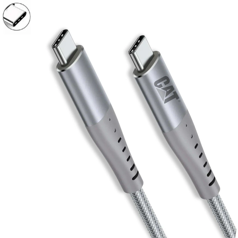 Cable USB-C Caterpillar con conectores metálicos plateados y carcasa gris, diseñado para carga rápida de 67W.
