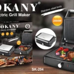 Parrilla eléctrica Sokany SK-204, cuerpo de acero inoxidable, 2000W, con tapa abierta mostrando carne y verduras sobre rejillas, incluye caja de presentación y vista frontal del dispositivo.