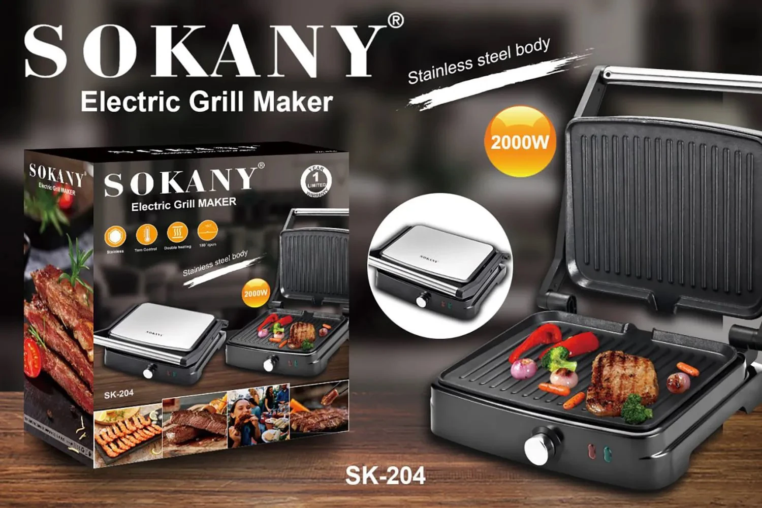 Parrilla eléctrica Sokany SK-204, cuerpo de acero inoxidable, 2000W, con tapa abierta mostrando carne y verduras sobre rejillas, incluye caja de presentación y vista frontal del dispositivo.