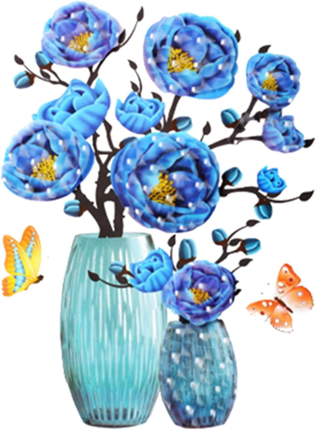 Set de tres pegatinas pared 3D con jarrones azules y rosas decorativas, ideales para transformar espacios sin dañar superficies.