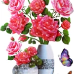 Jarrón blanco con rosas rosadas y hojas verdes, acompañado de mariposas multicolores; diseño para pegatina pared 3D.