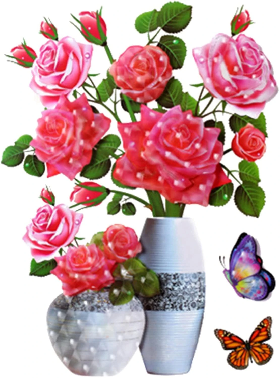 Jarrón blanco con rosas rosadas y hojas verdes, acompañado de mariposas multicolores; diseño para pegatina pared 3D.