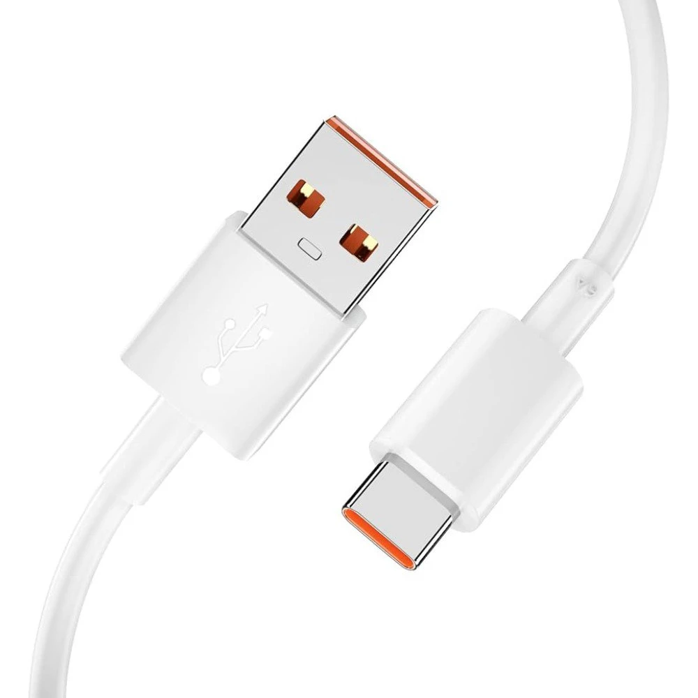 Cable USB-C blanco con conector Type-C y USB-A, ambos con detalles en naranja, para carga rápida de dispositivos Xiaomi.