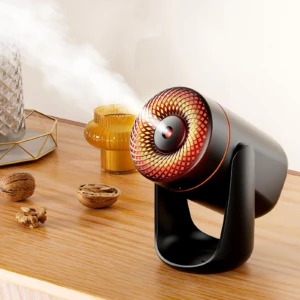 Difusor ultrasónico negro con luz LED RGB encendida, emitiendo vapor sobre mesa de madera con nueces y jarrón decorativo al fondo.