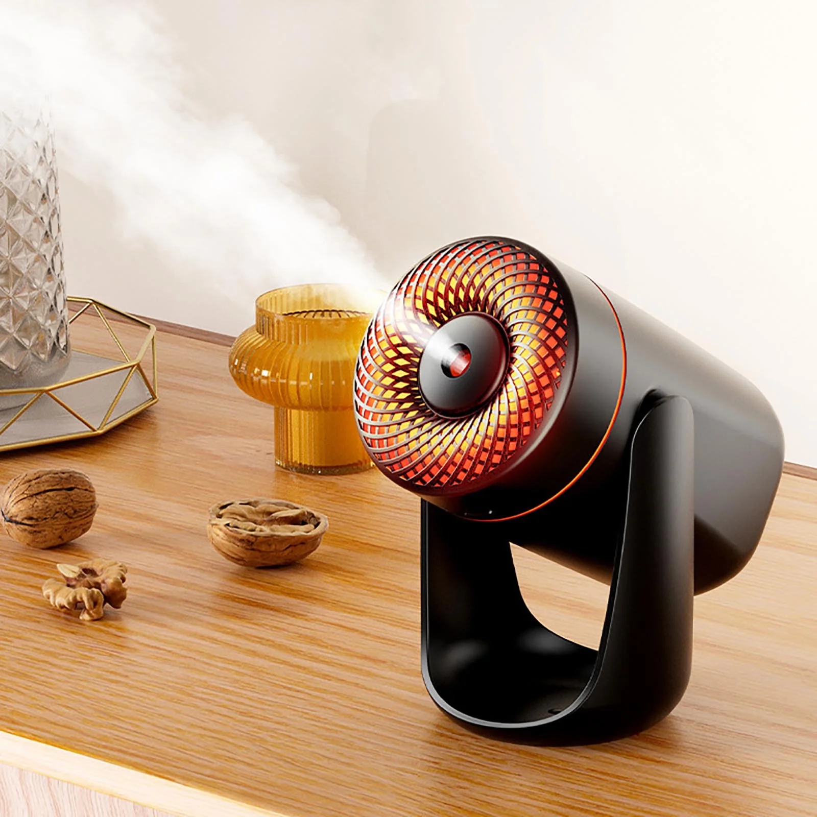 Difusor ultrasónico negro con luz LED RGB encendida, emitiendo vapor sobre mesa de madera con nueces y jarrón decorativo al fondo.