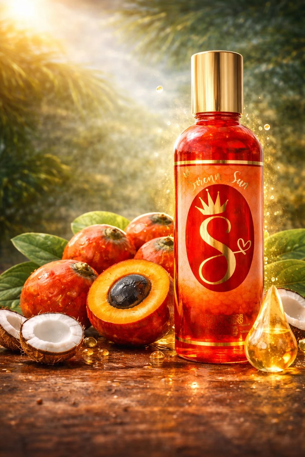 Bronceador dorado en botella de vidrio con tapa metálica, rodeado de chontaduros, coco y gota de aceite, sobre superficie rústica con luz cálida.