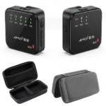 Micrófono de solapa inalámbrico K8 en color negro, mostrando receptor y transmisor con indicadores LED, junto a su estuche de transporte abierto y cerrado.