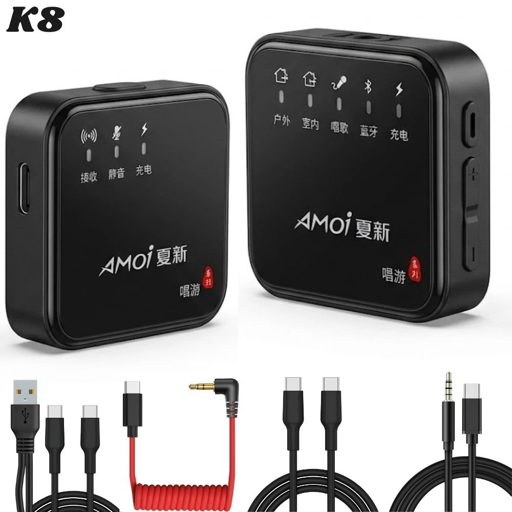 Micrófono de solapa inalámbrico K8 en color negro, mostrando receptor y transmisor con indicadores LED, junto a cables USB y de audio incluidos.
