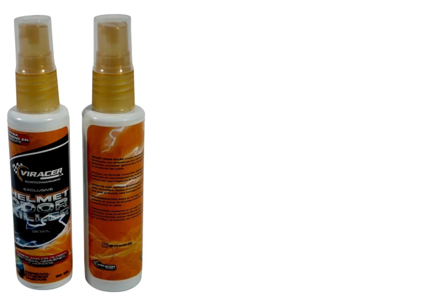 Dos botellas de spray de Eliminador de Olores para Cascos Auto Nu, con etiquetas naranjas y negras, mostrando el logotipo y detalles del producto.